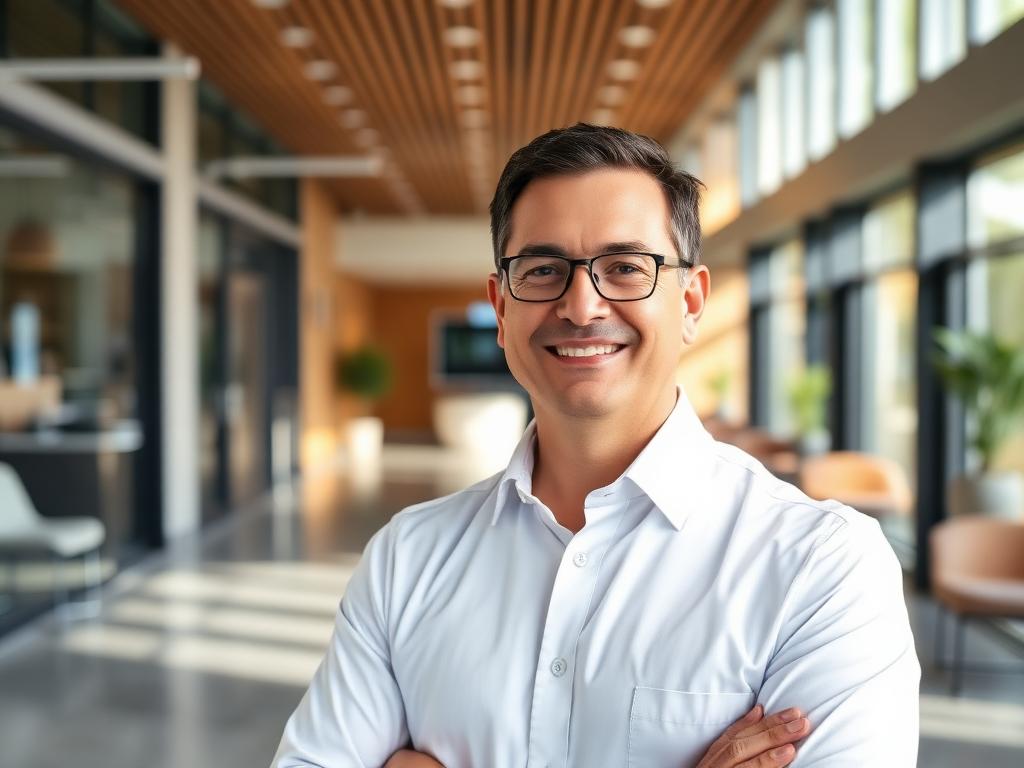 DSO operations leader standing in a contemporary clinic lobby