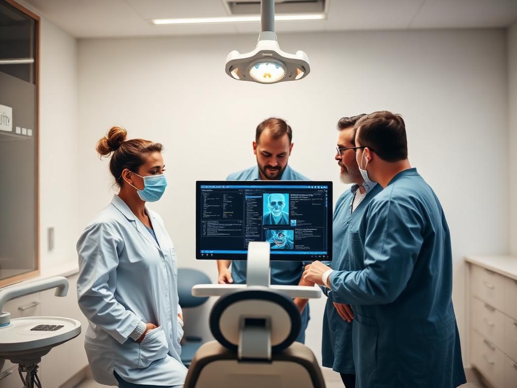 Group practice dental team collaborating around a digital monitor